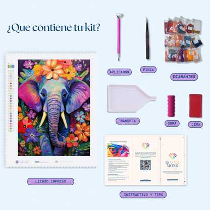 Elefante primavera. Kit Diamond painting 40x50 cm.